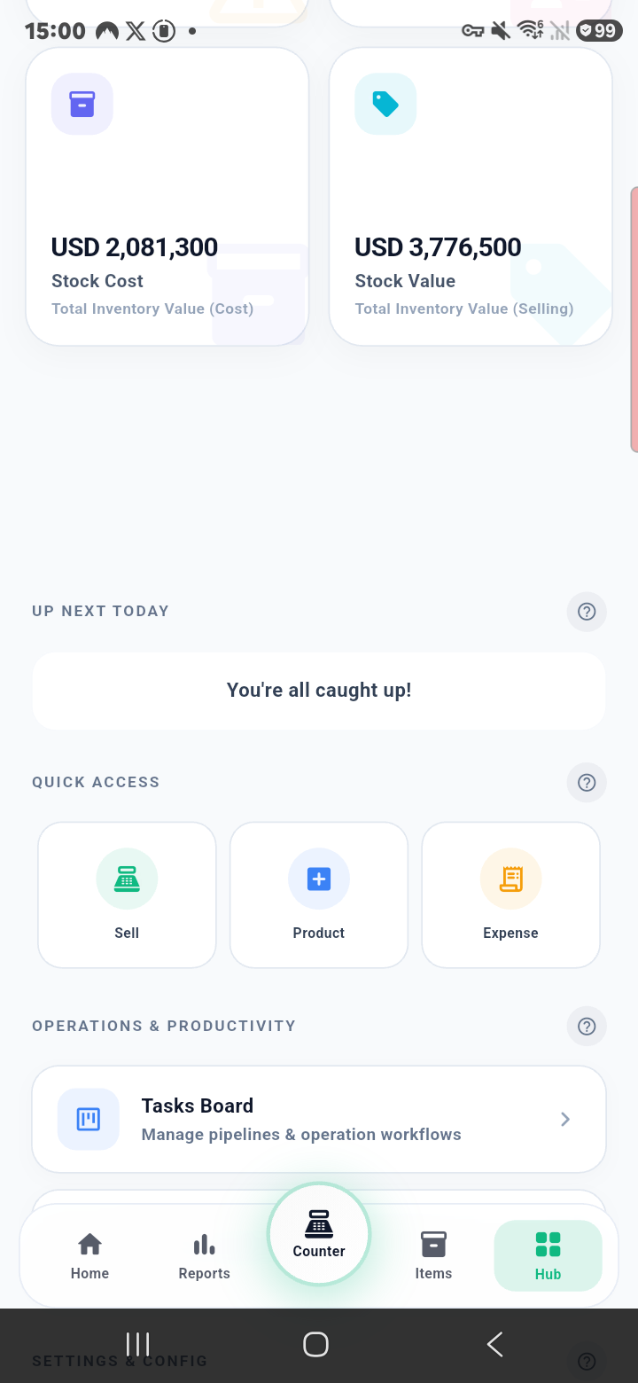 Mechia Store finance and inventory dashboard captured on a Samsung phone