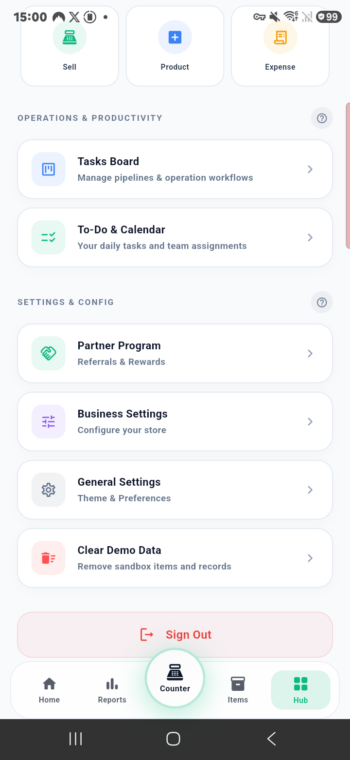 Mechia Store business operations and settings dashboard captured on a Samsung phone