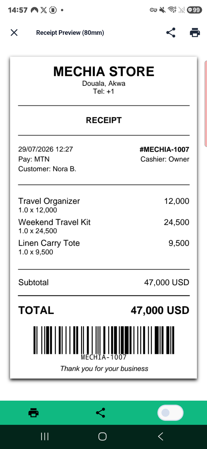 Real Mechia Store receipt preview captured on a Samsung phone